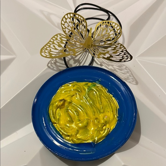 Reversible Artistic Circular Blue and Yellow Handmade Necklace - Picture 3 of 17